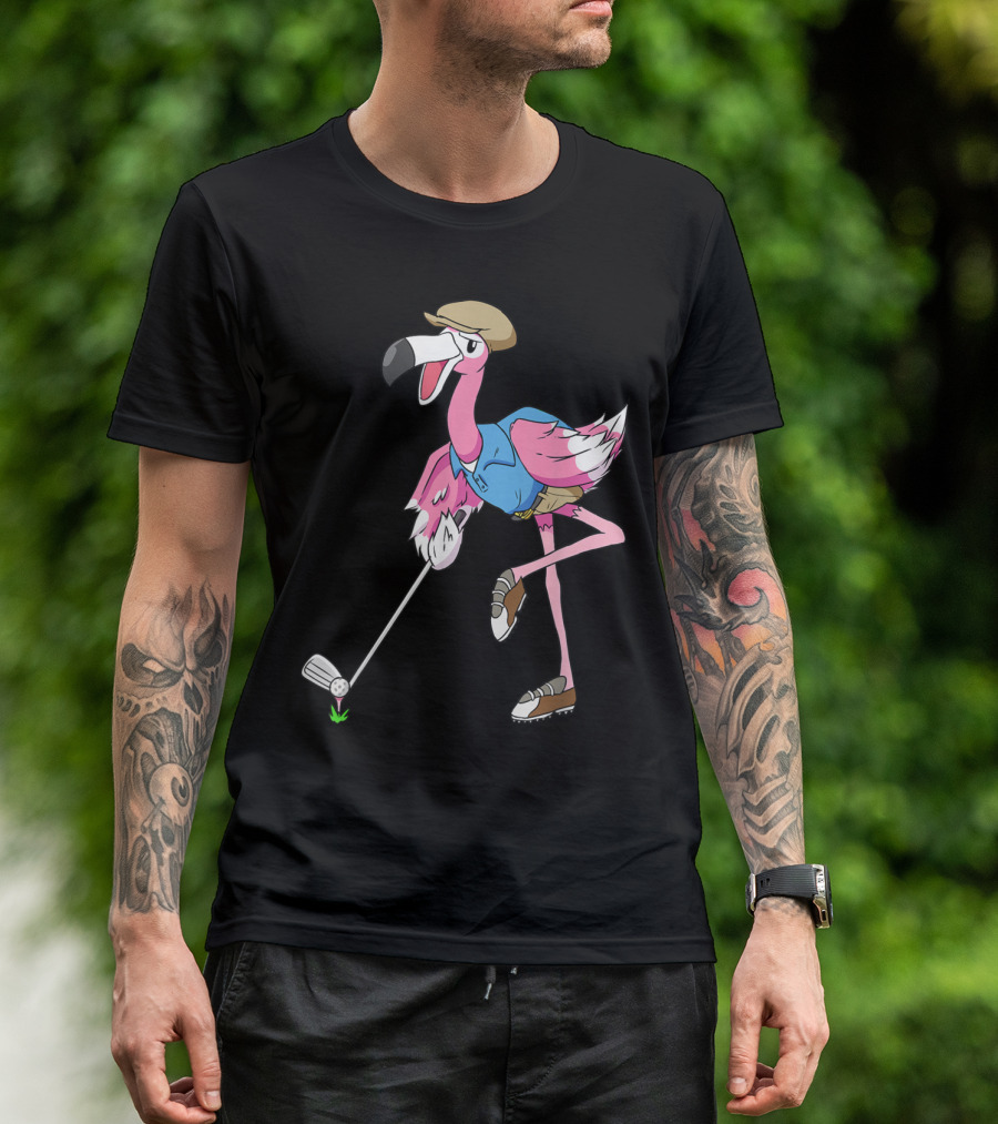 Flamingo Playing Golf In A Funny Pose With Club On Vacation T-Shirt