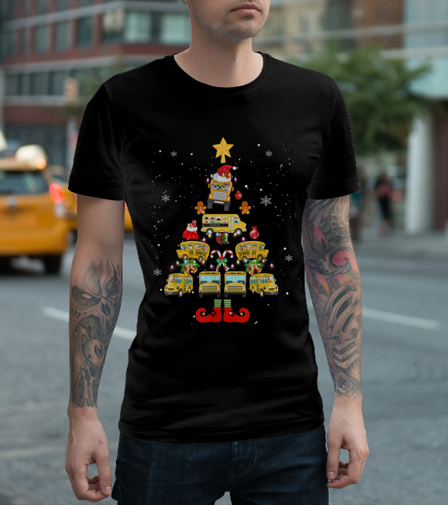 Santa School Bus Driver Christmas Tree with Candy Canes and Gingerbread T-Shirt