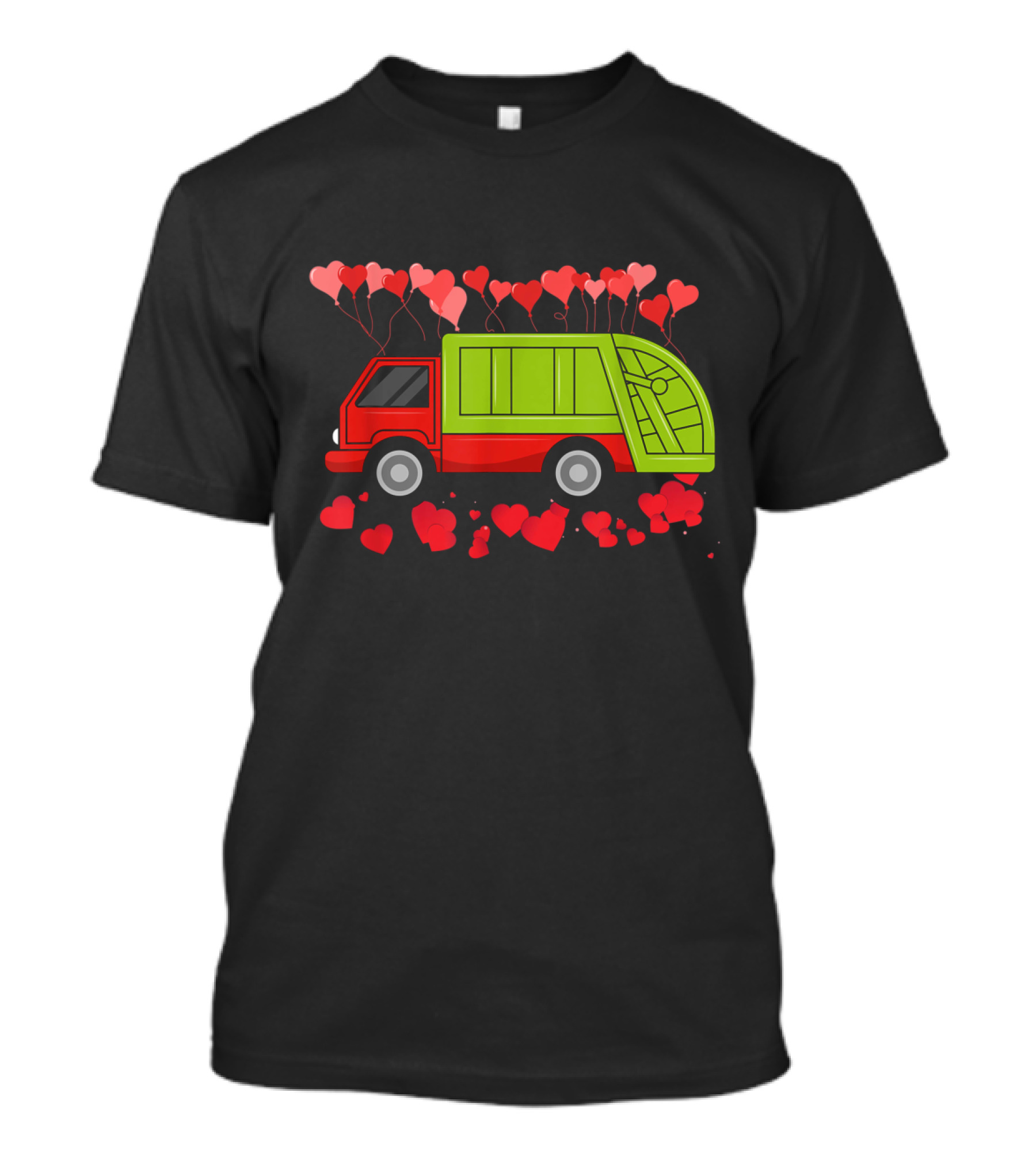 Garbage Truck With Hearts Balloons Red And Green Valentines Day T-Shirt