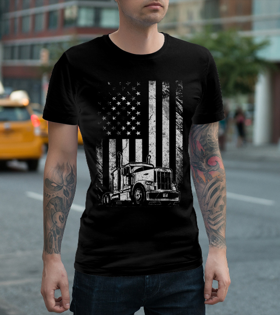 Vintage Truck with American Flag Background for Men T-Shirt