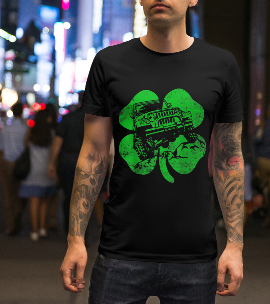 St Patrick's Off Road Distressed Shamrock Jeep Adventure T-Shirt
