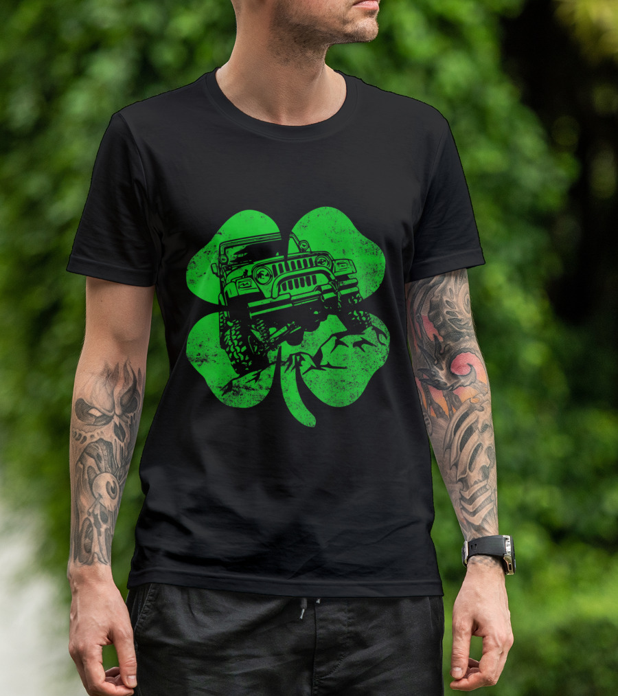St Patrick's Off Road Distressed Shamrock Jeep Adventure T-Shirt