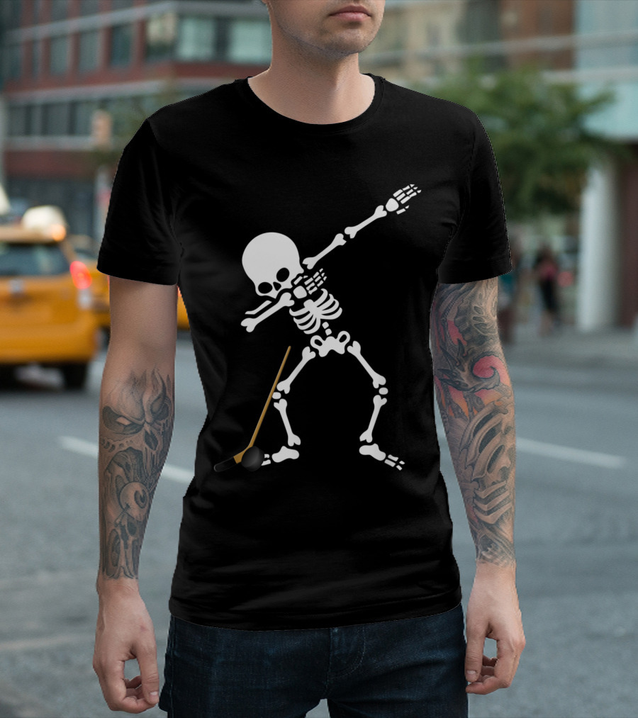 Dabbing Skeleton Hockey Funny Halloween Skull Stick Spooky T-Shirt