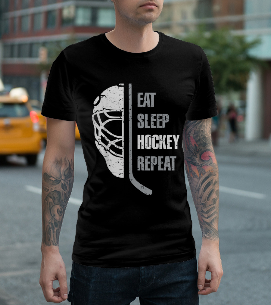 Eat Sleep Hockey Repeat Christmas Goalie Mask and Stick T-Shirt
