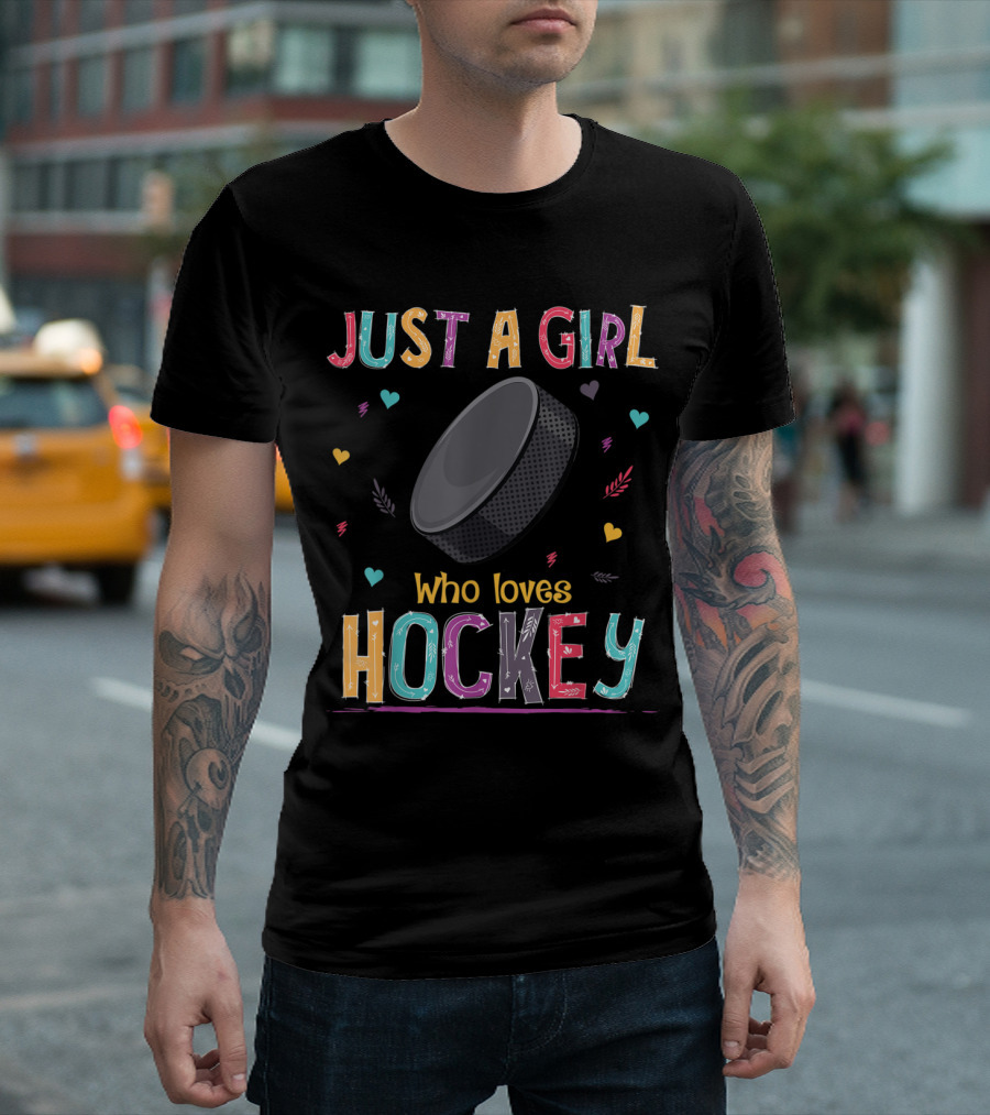 Just A Girl Who Loves Hockey Colorful Hockey Puck Hearts and Feathers T-Shirt