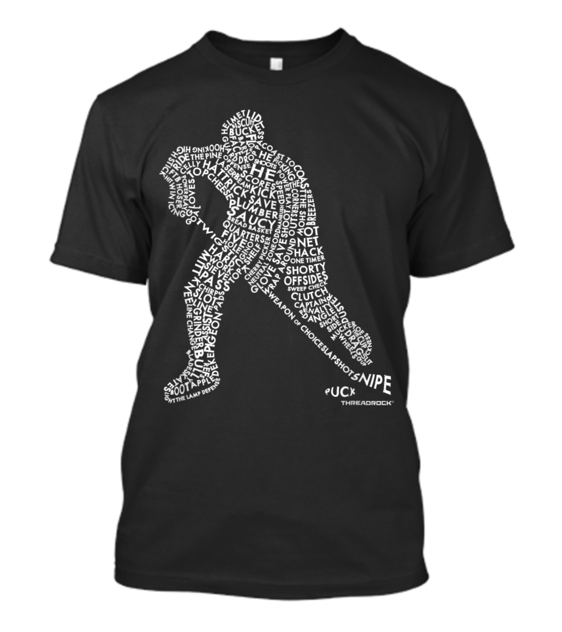 Hockey Player Word Art Helmet Stick Snipe Puck Threadrock T-Shirt