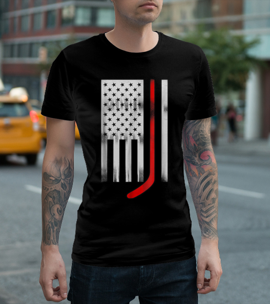 USA Flag Ice Hockey Red Stick Puck Unique T-Shirt