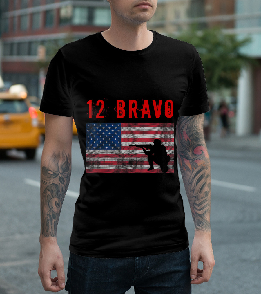 12 Bravo MOS Combat Engineer American Flag T-Shirt