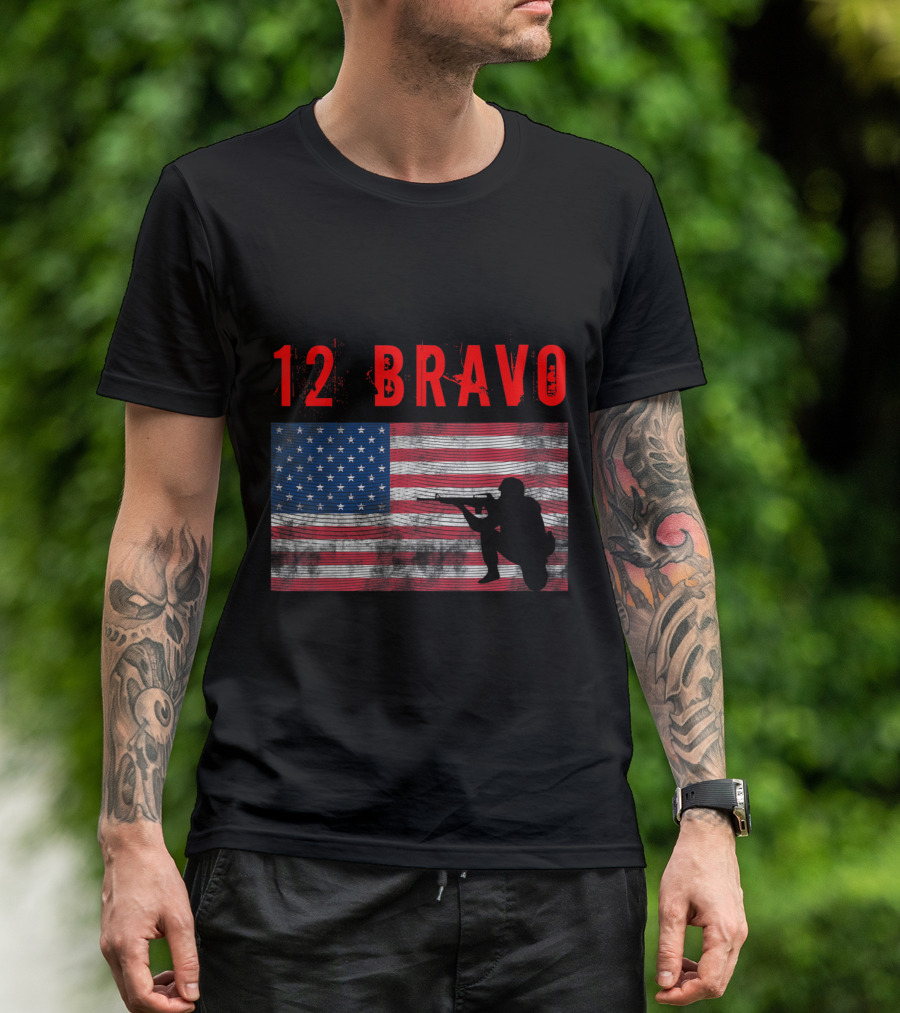 12 Bravo MOS Combat Engineer American Flag T-Shirt