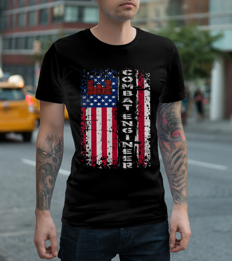 Combat Engineer Distressed American Flag U.S. Castle T-Shirt