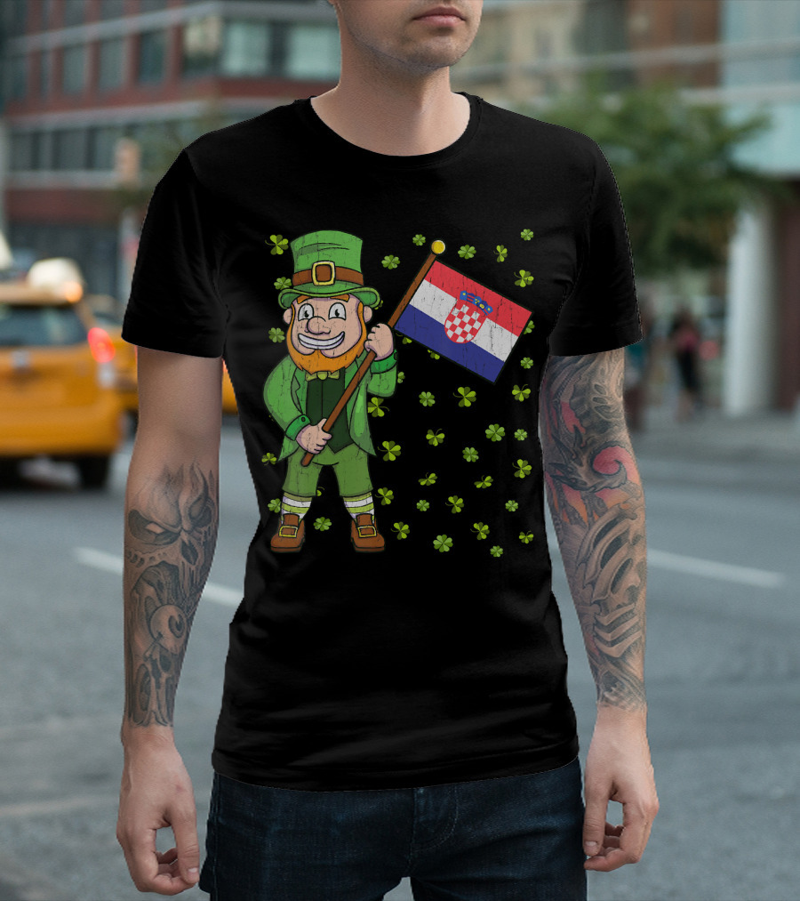 Croatian St. Patrick's Day Leprechaun Holding Croatia Flag With Shamrocks T-Shirt