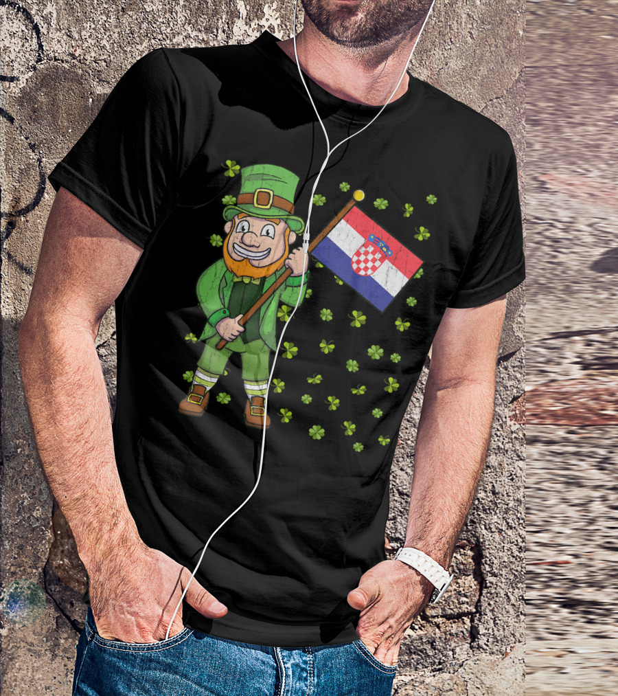 Croatian St. Patrick's Day Leprechaun Holding Croatia Flag With Shamrocks T-Shirt