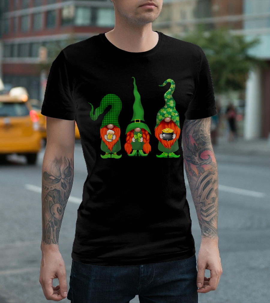 Gnomes in Buffalo Plaid and Clovers St Patrick's Day Beer and Pot of Gold T-Shirt