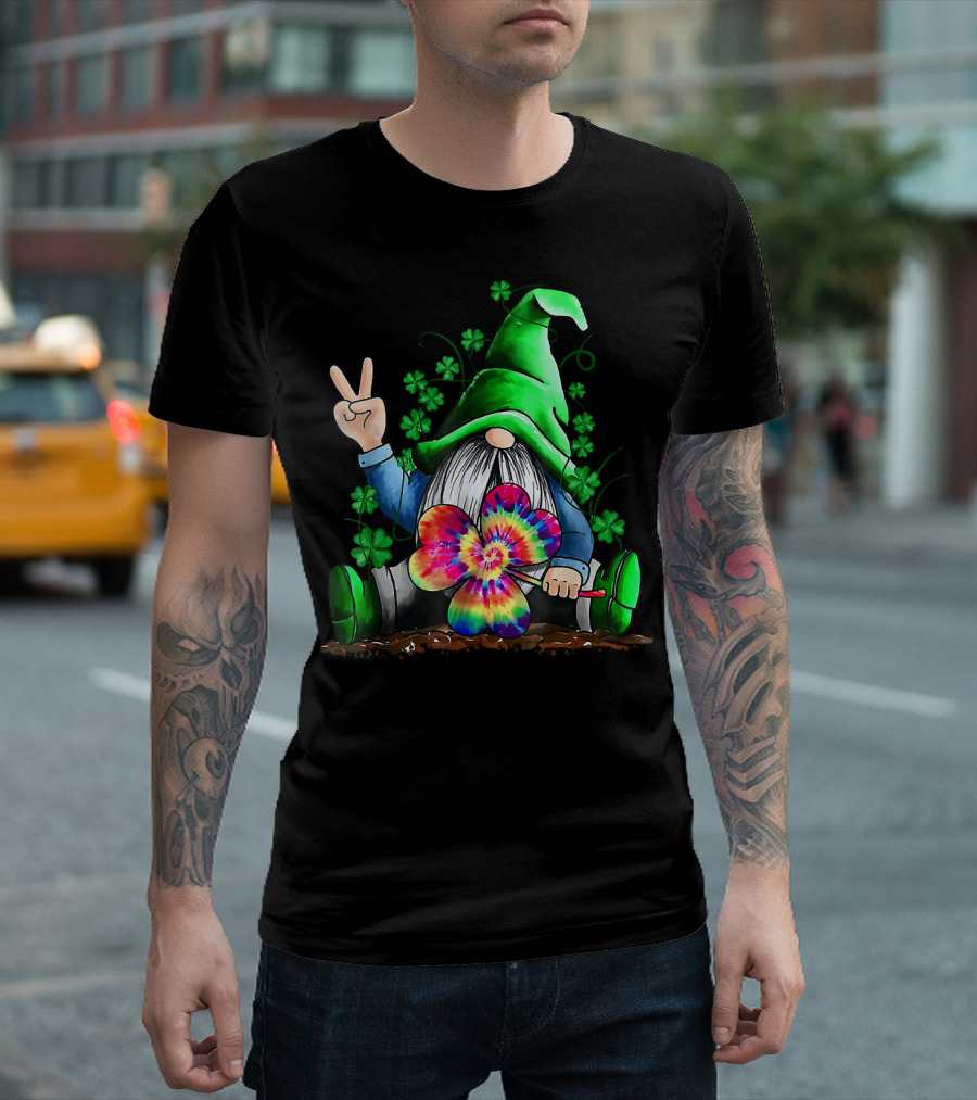 Lucky Gnomes St Patrick's Day Tie-Dye Shamrock Peace Sign T-Shirt