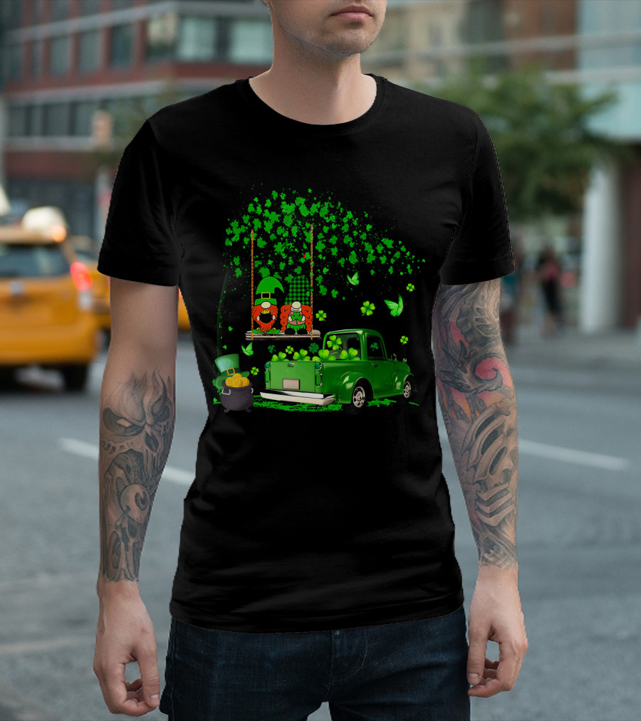 Happy Saint Patrick's Day Leprechaun Gnomes With Shamrocks And Green Truck T-Shirt