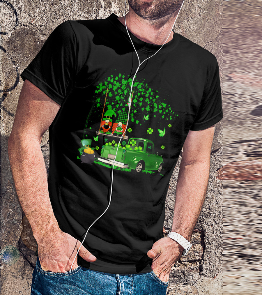 Happy Saint Patrick's Day Leprechaun Gnomes With Shamrocks And Green Truck T-Shirt
