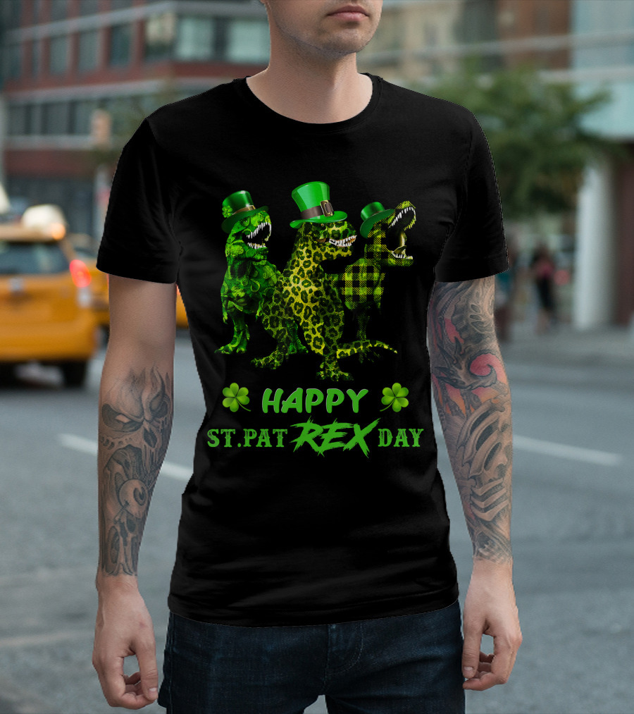 Happy St Pat Rex Day Dinosaur Trio with Shamrocks and Leprechaun Hats T-Shirt