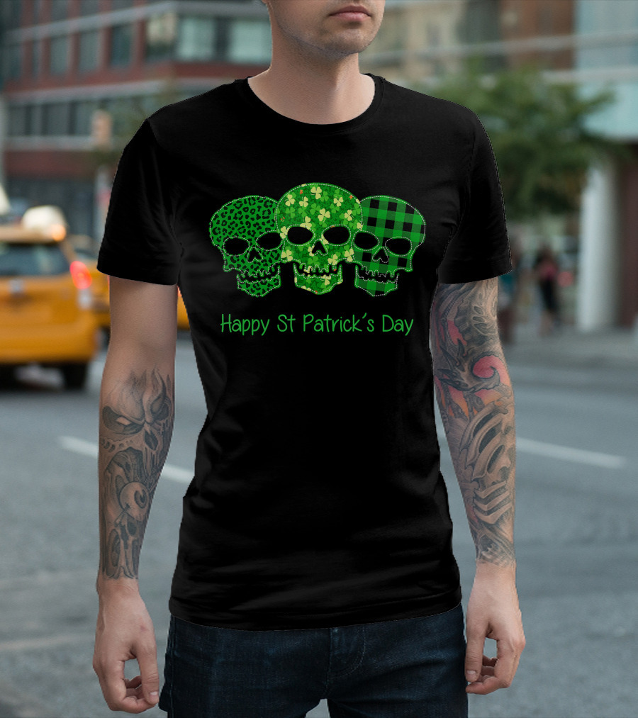 Happy St Patrick's Day Shamrock Leopard Plaid Skulls T-Shirt