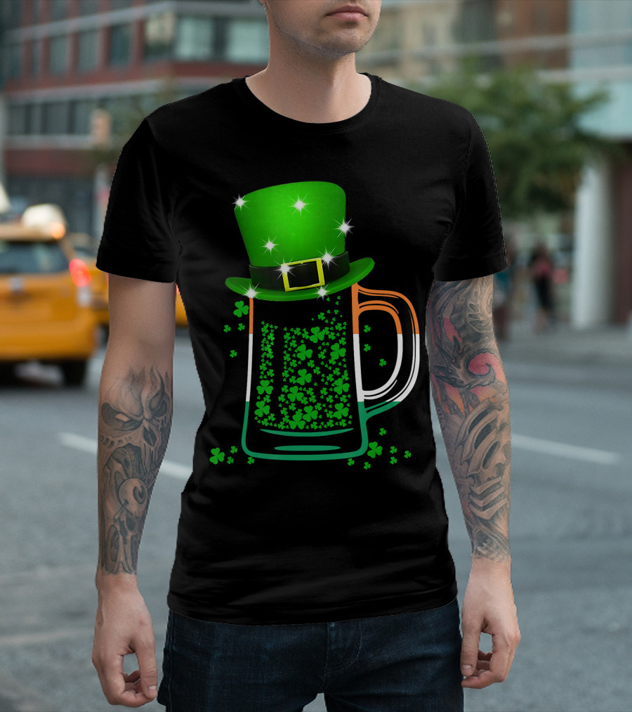 St Patrick's Day Shamrock Beer Glass with Green Leprechaun Hat T-Shirt
