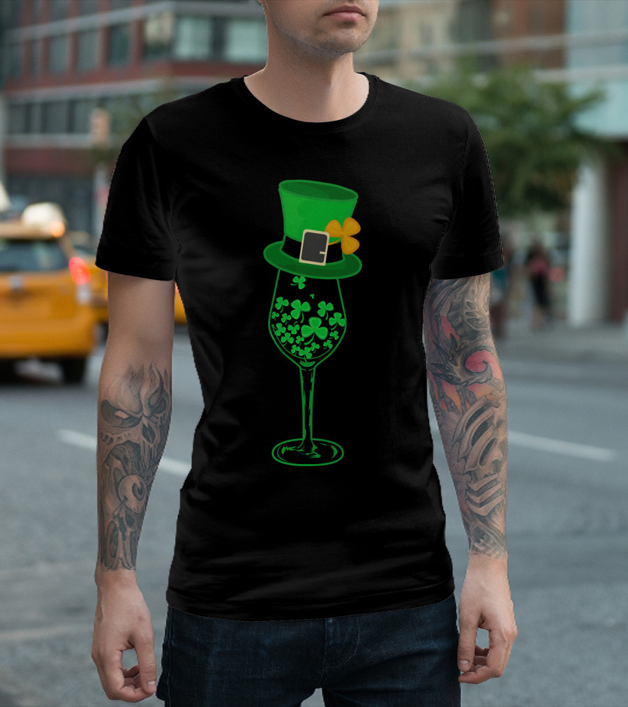 Irish Green Shamrock St Patrick's Day Wine Glass with Leprechaun Hat T-Shirt