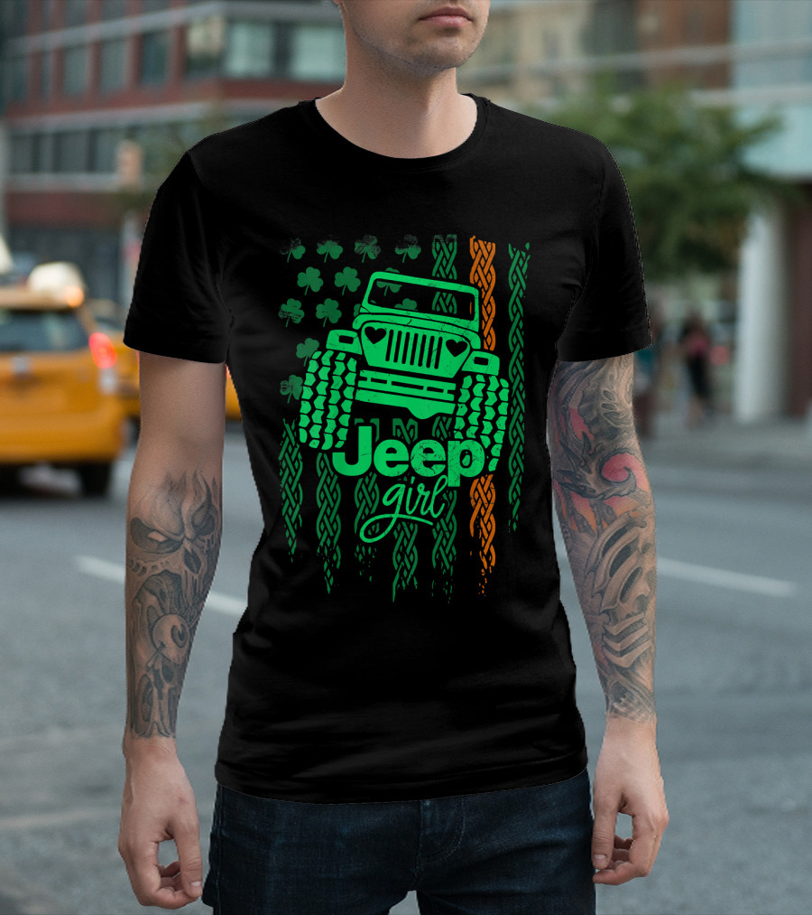 Jeep Girl Shamrock Celtic Knot Irish Flag T-Shirt
