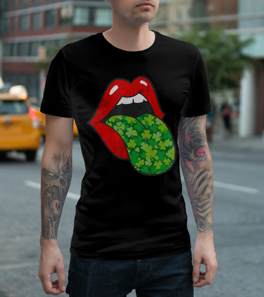 Red Lips Shamrock Tongue St Patrick's Day T-Shirt