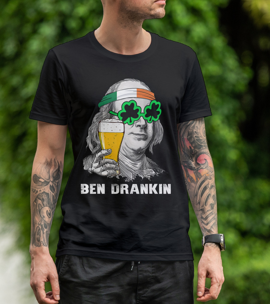 Ben Drankin Beer Shamrock Glasses Irish Holiday Retro T-Shirt