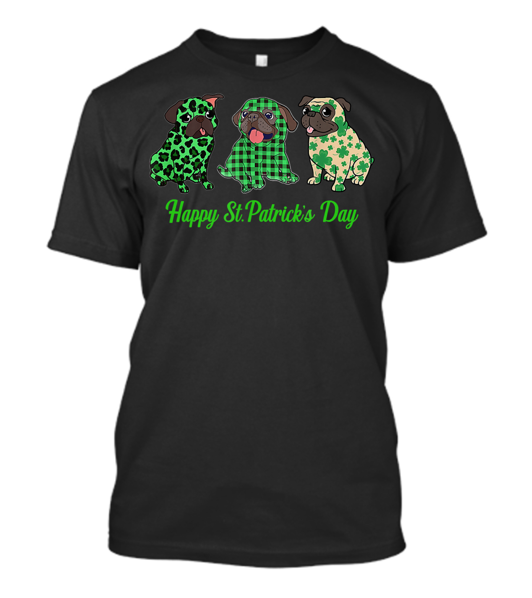 Happy St Patrick's Day Pug Green Leopard Plaid T-Shirt