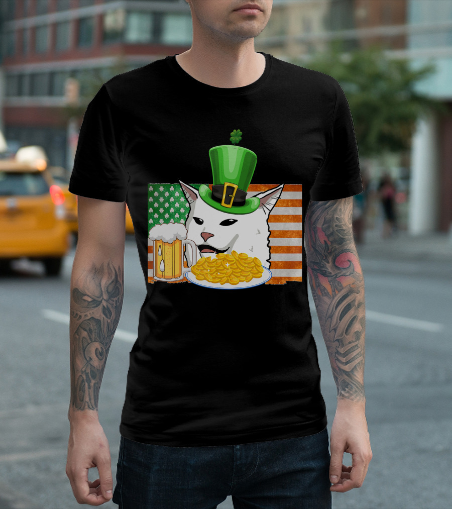 Saint Patricks Confused Cat Beer Coins Flag St Patrick's Day T-Shirt