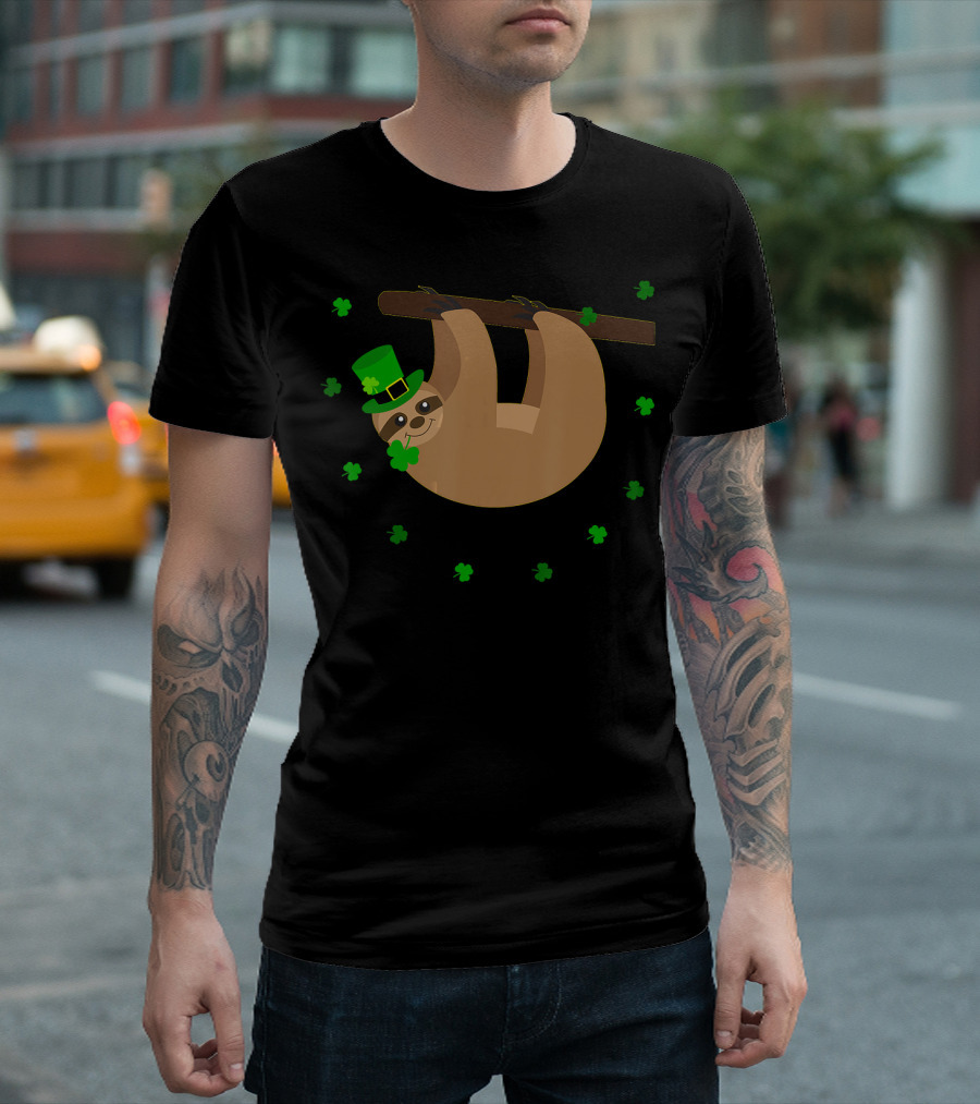 Saint Patrick's Day Sloth Hanging On Branch With Shamrocks And Green Hat T-Shirt