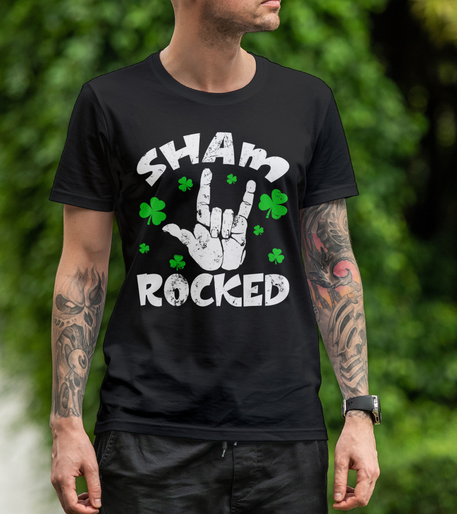 Shamrocked Rock Hand Gesture With Shamrocks St Patrick's Day T-Shirt