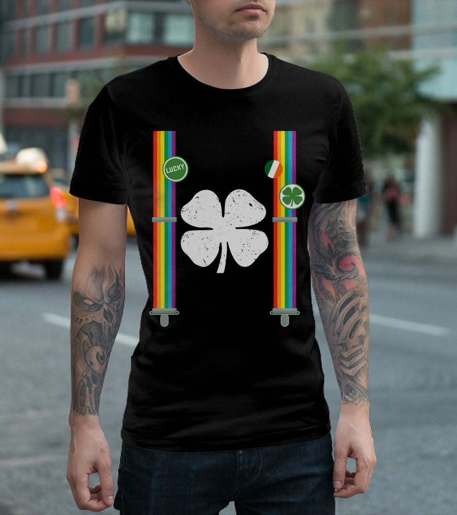 St. Patrick's Day Lucky Rainbow Suspenders Clover With Irish Flag T-Shirt