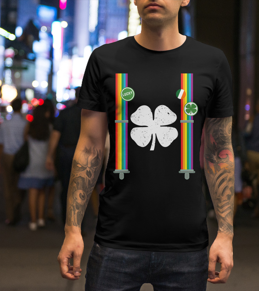 St. Patrick's Day Lucky Rainbow Suspenders Clover With Irish Flag T-Shirt