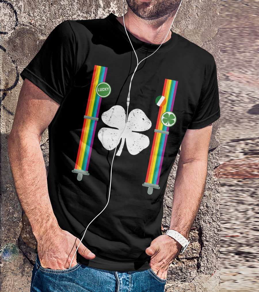 St. Patrick's Day Lucky Rainbow Suspenders Clover With Irish Flag T-Shirt