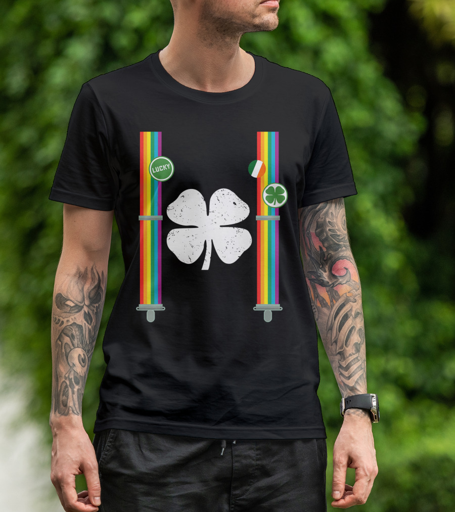 St. Patrick's Day Lucky Rainbow Suspenders Clover With Irish Flag T-Shirt