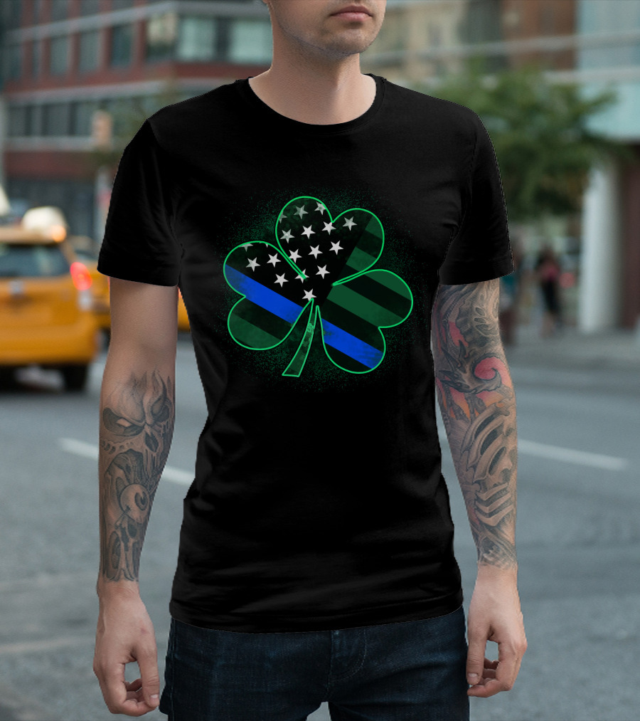 Thin Blue Line American Flag St Patrick's Day Clover T-Shirt