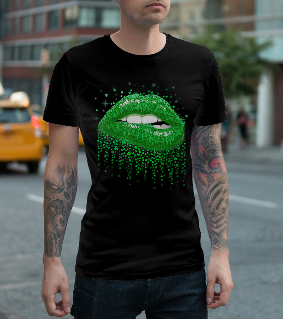 Biting Lips Green Shamrock Sparkle Happy T-Shirt