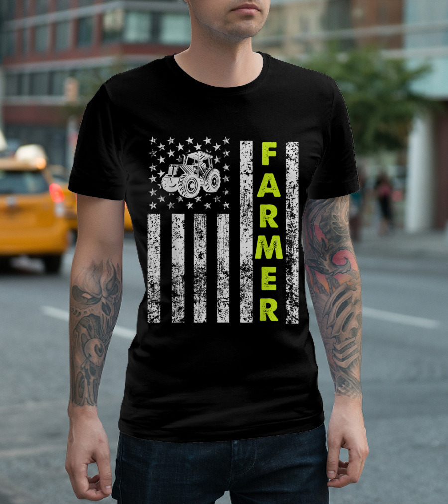 American Flag Tractor Stars Stripes Patriotic Farmer T-Shirt