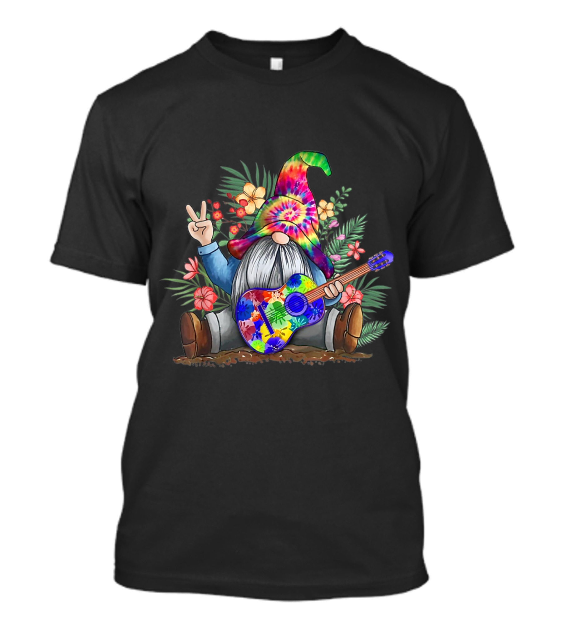 Hippie Gnome With Tie Dye Peace Sign And Floral Guitar T-Shirt