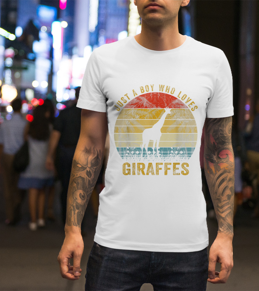 Just A Boy Who Loves Giraffes Retro Sunset T-Shirt