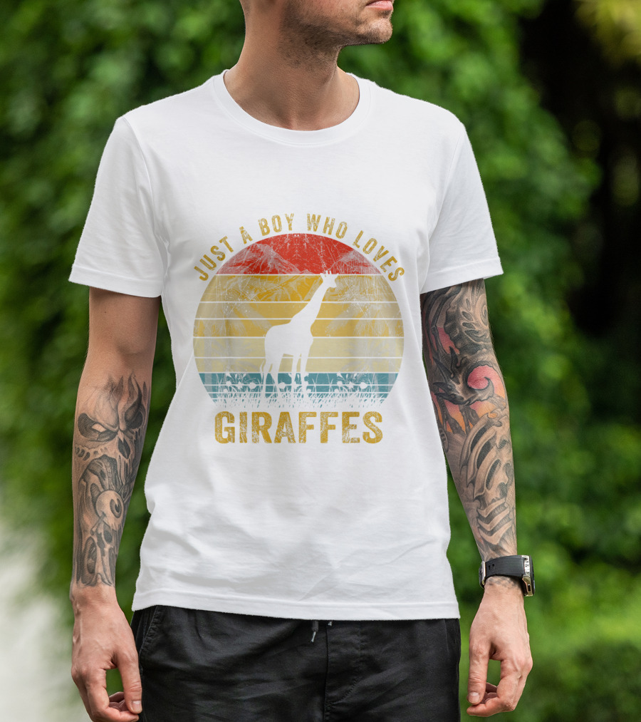 Just A Boy Who Loves Giraffes Retro Sunset T-Shirt