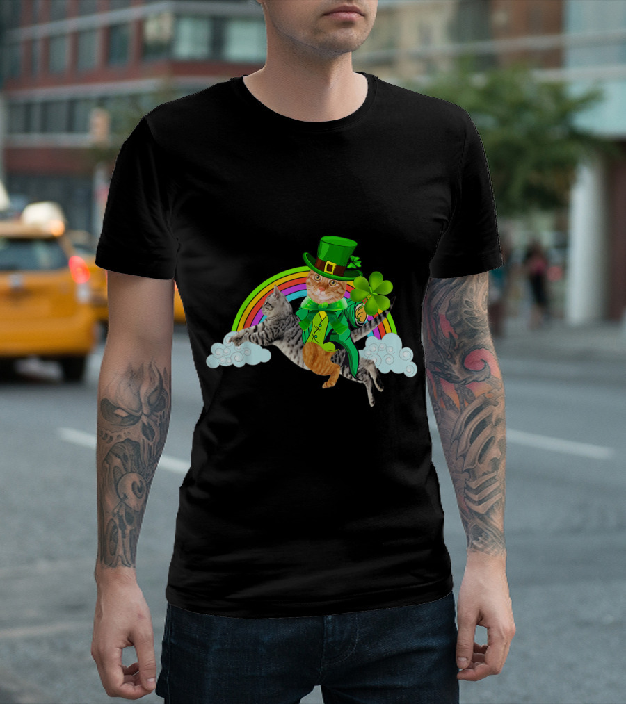 Leprechaun Cat with Clover Riding Cat Over Rainbow T-Shirt