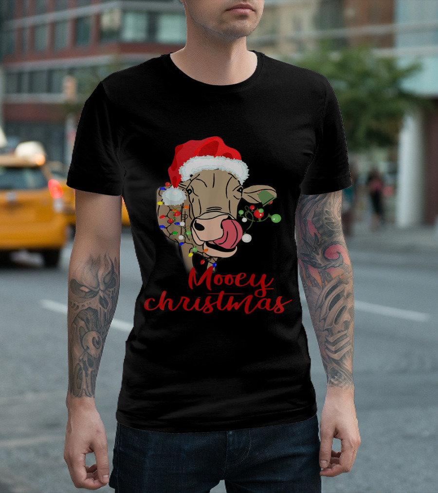 Mooey Christmas Cow Wearing Santa Hat and Festive Lights T-Shirt