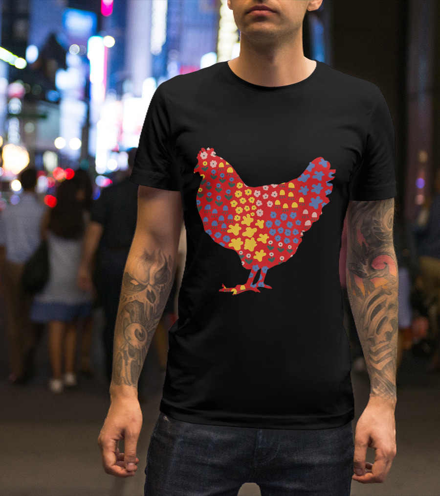 Pretty Chicken Lovers Floral Red And Gold T-Shirt