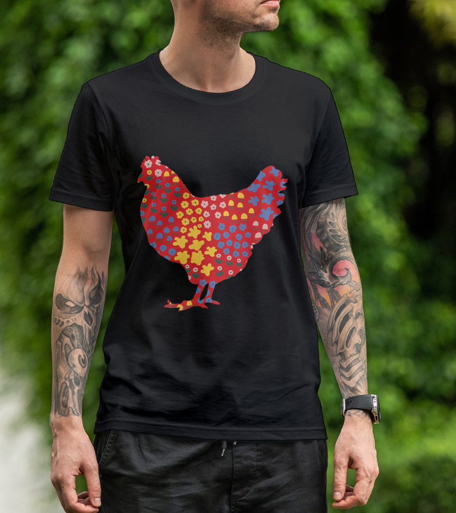Pretty Chicken Lovers Floral Red And Gold T-Shirt