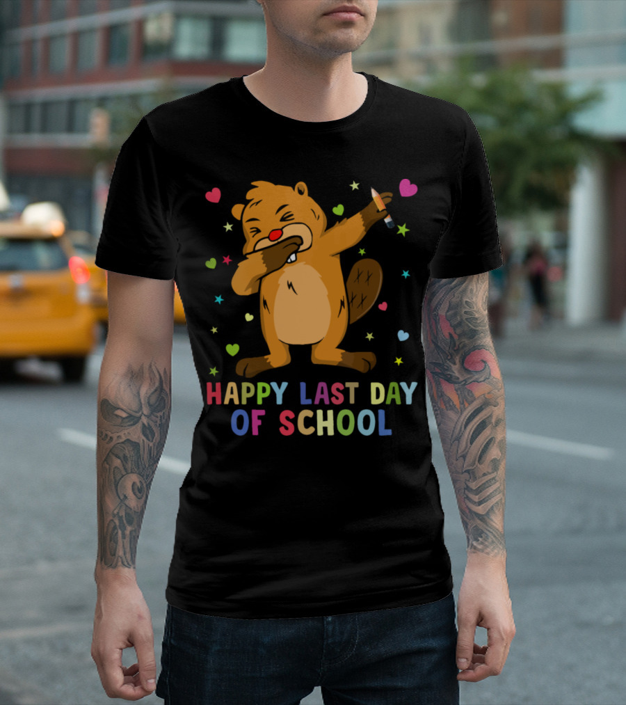 Happy Last Day Of School Dab Dance Beaver With Hearts And Stars T-Shirt