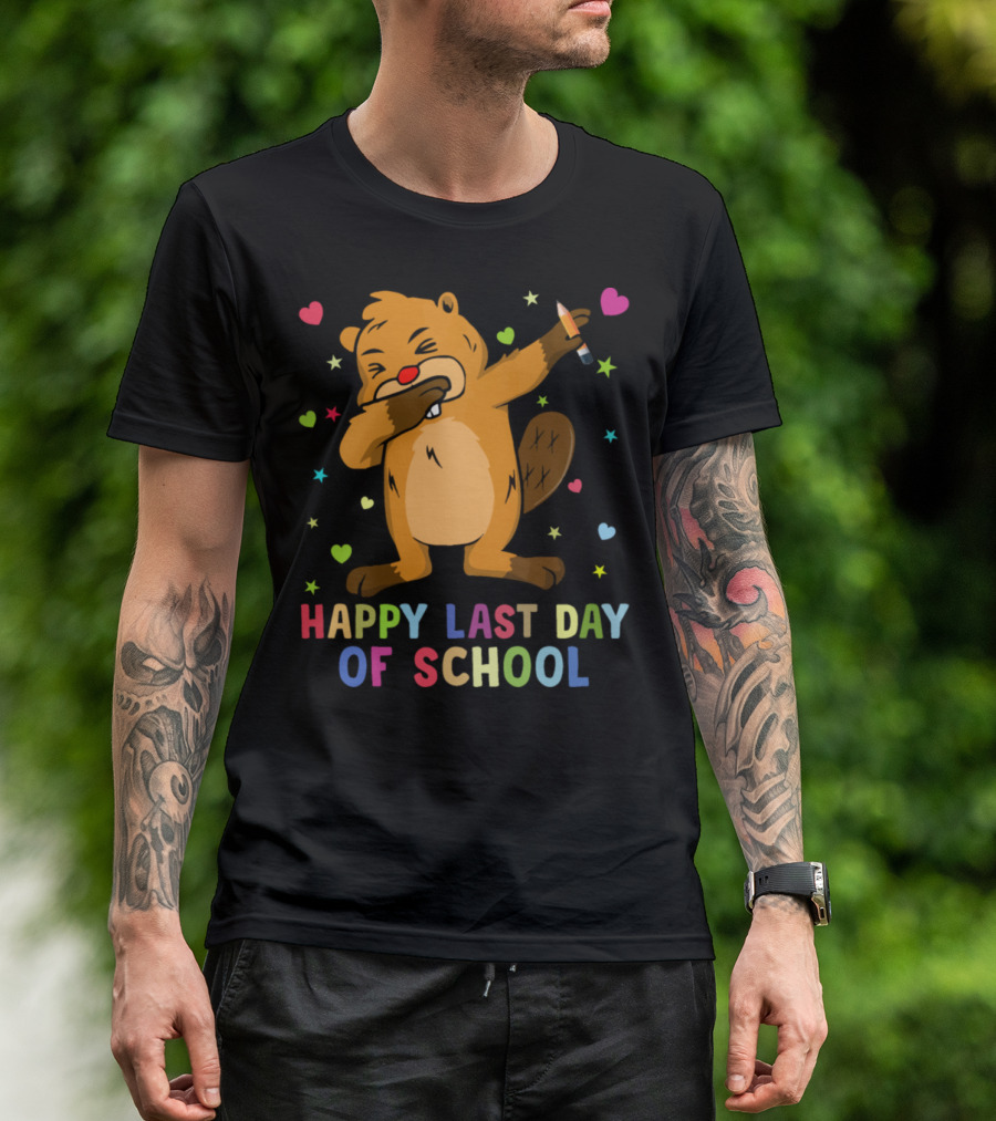 Happy Last Day Of School Dab Dance Beaver With Hearts And Stars T-Shirt