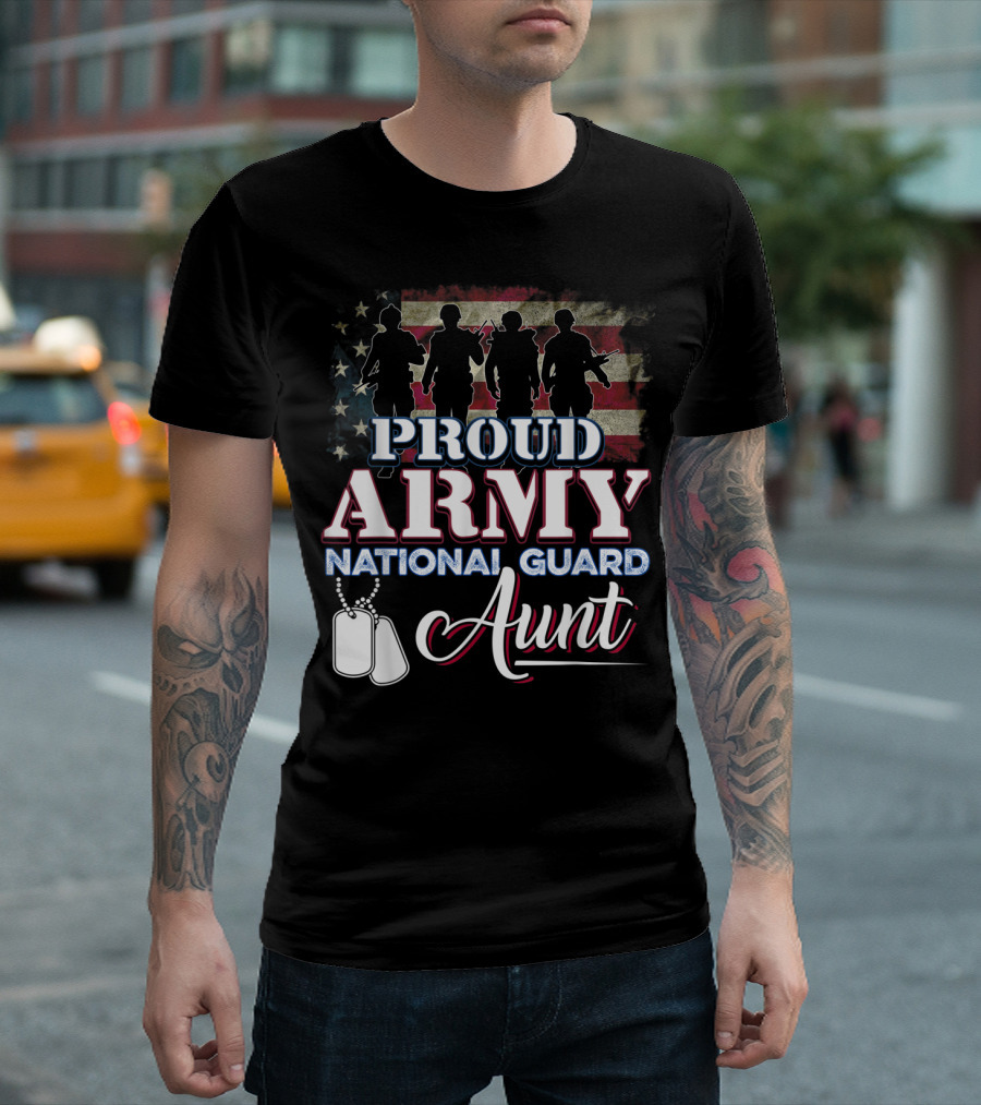 Proud Army National Guard Aunt American Flag Soldiers Dog Tags T-Shirt