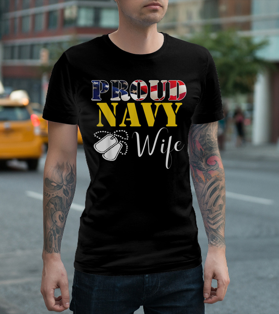 Proud Navy Wife With Dog Tags And American Flag Elements T-Shirt