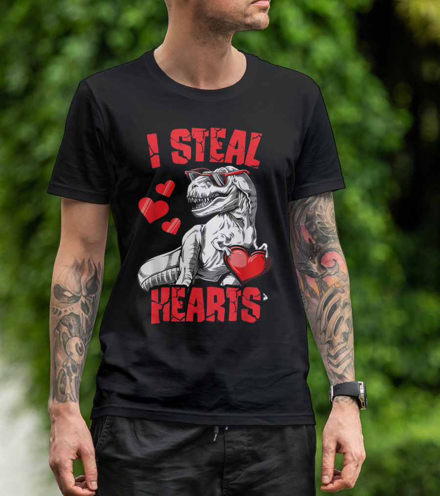 Valentines Day Dinosaur T-Rex I Steal Hearts Kids Lover T-Shirt